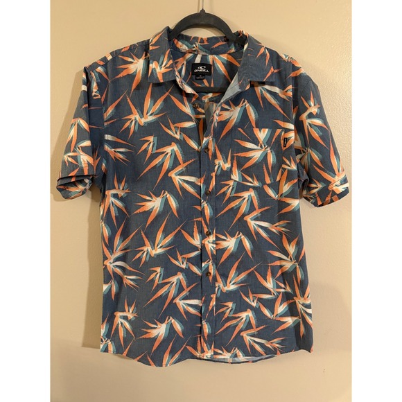 O'Neill Other - ONeill Men's Short Sleeve Button Up Shirt Tropical Leaf Print Blue Orange Size M